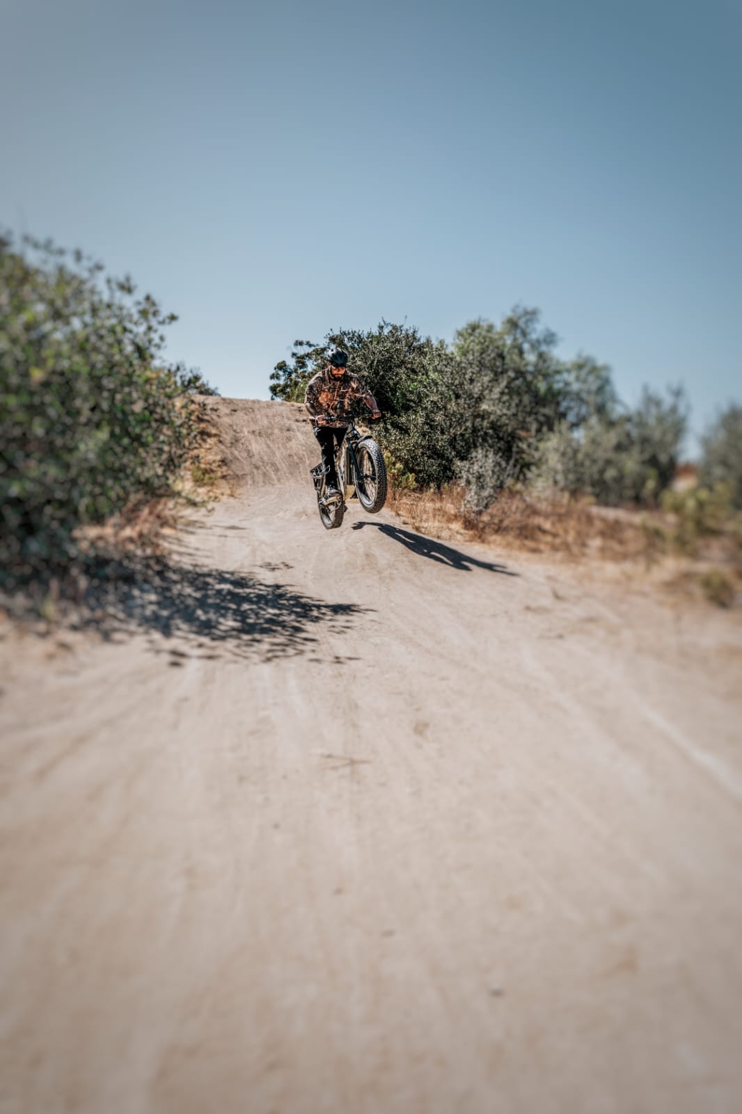 Fat tire electric bike equipped with autonomous driving technology on a forest trail.